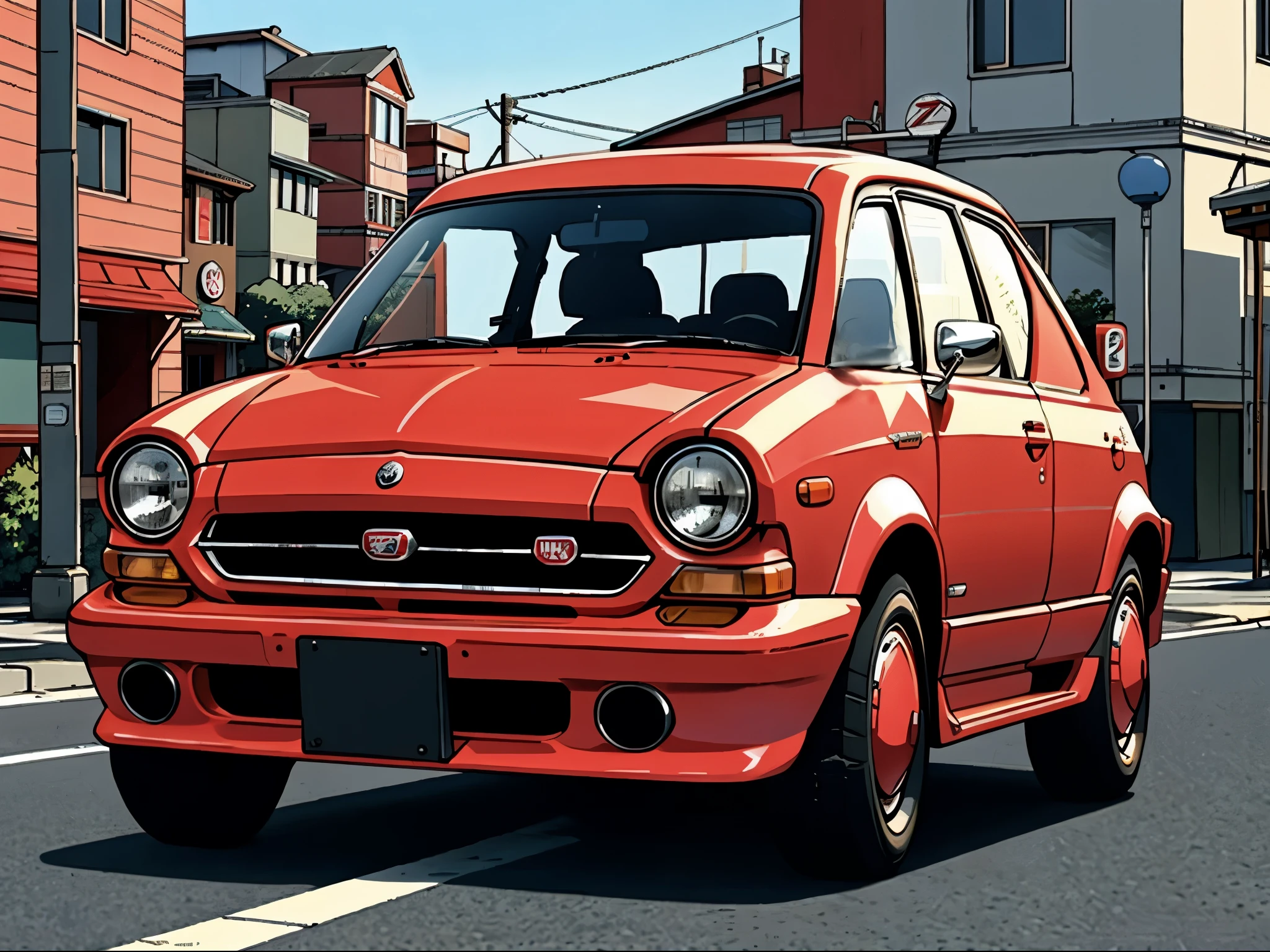 A red and white 50-year-old car parked on the street next to the curb, Digital rendering inspired by Dahlov Ipcar, Flicker, Folk art, the ugliest car in the world, Very sad c 12.0, pepper, kama russian electrocar, Cel-shaded style, Retro 90s Japanese, Japan in the 1990s, pepper car