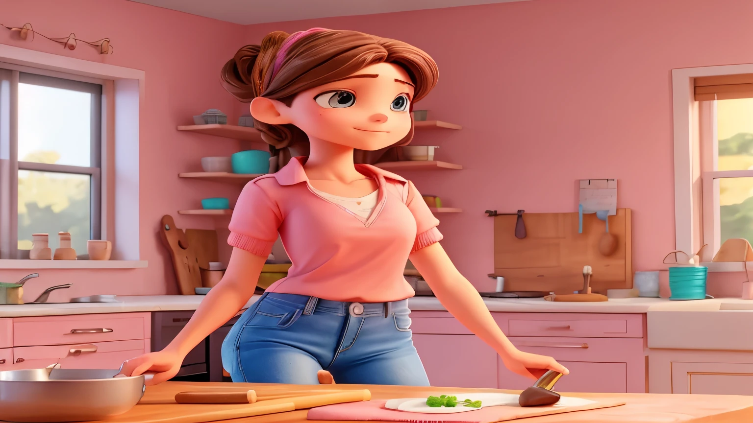 Nice skinny girl
White body with brown hair tied from the top, honey eyes in jeans and a pink blouse, cooking in a kitchen, an open house on an island, eating gouache with a knife on the kitchen board.