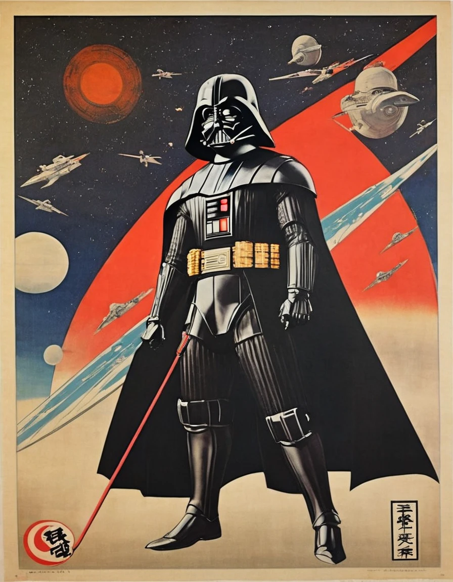 A photorealistic representation of a 1930s Japanese ukiyo e prints  poster featuring an fullbody darth vader aboard a starship corridoor