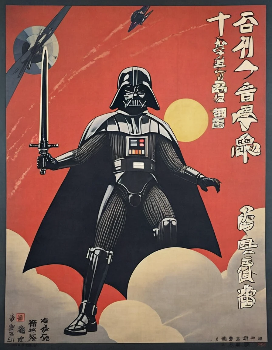 A photorealistic representation of a 1930s Japanese ukiyo e prints poster featuring an fullbody darth vader aboard a starship corridoor