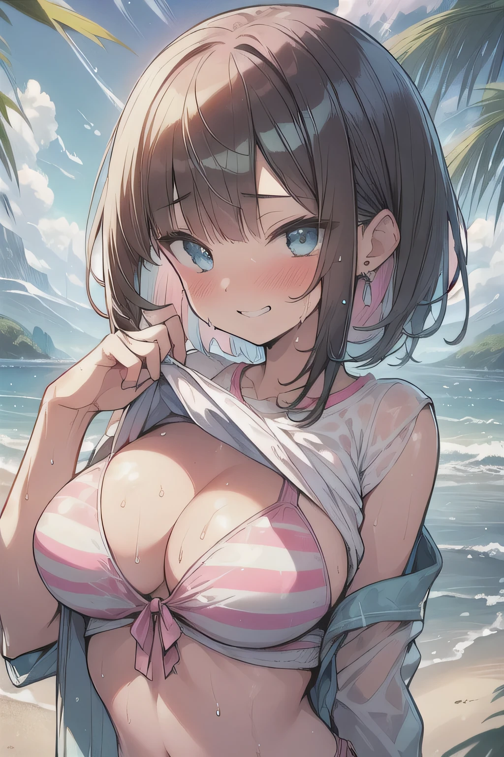 (best quality), (Super detailed), (Best Illustration), (masterpiece), (woman), look at viewer, upper body, {(white T-shirt), (shirt lift:1.2), (show off pink striped bikini:1.2)}, (large breasts), {(detailed eyes), blue eyes}, {brown hair, (sideburns), (bob cut:1.3), curly hair, hairs between eyes, colored inner hair}, grin, blush, earring, (wet), (sweat), (beach:1.3)