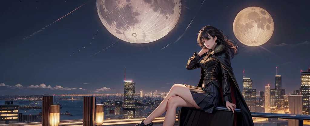 best quality, very good, 16K, Ridiculous, Extremely detailed, Beautiful woman sitting on a skyscraper,Far right, Staring into the distance, Wearing a long, loose coat,Waist-baring clothes,Pleated Skirt, Attractive appearance, wind, wind-effect, Moon night scene, (Magnificent views:1.1) , Clock Punk,night landscape,the whole city,spectacular
