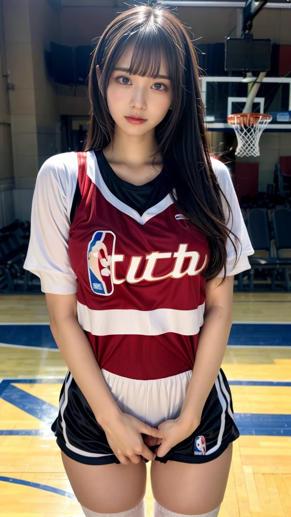 muster piece, best quality, illustration, Super detailed, fine details, High resolution, 8K,wall paper, perfect dynamic composition,(Details High quality, realistic depiction of eyes:1.3), (highest quality), (High resolution), (very delicate and beautiful),(Beautiful 8K face), (NBA),(basketball sportswear),(play basketball),(reality), large breasts, ((gymnasium)), Layered Cut, black hair color, Big Natural Color Lip, bold sexy pose, crying a little、cold gaze, Harajuku style、20 year old girl、cute type、ta, hposing Gravure Idol, full body photo、focus on crotch、thighs exposed