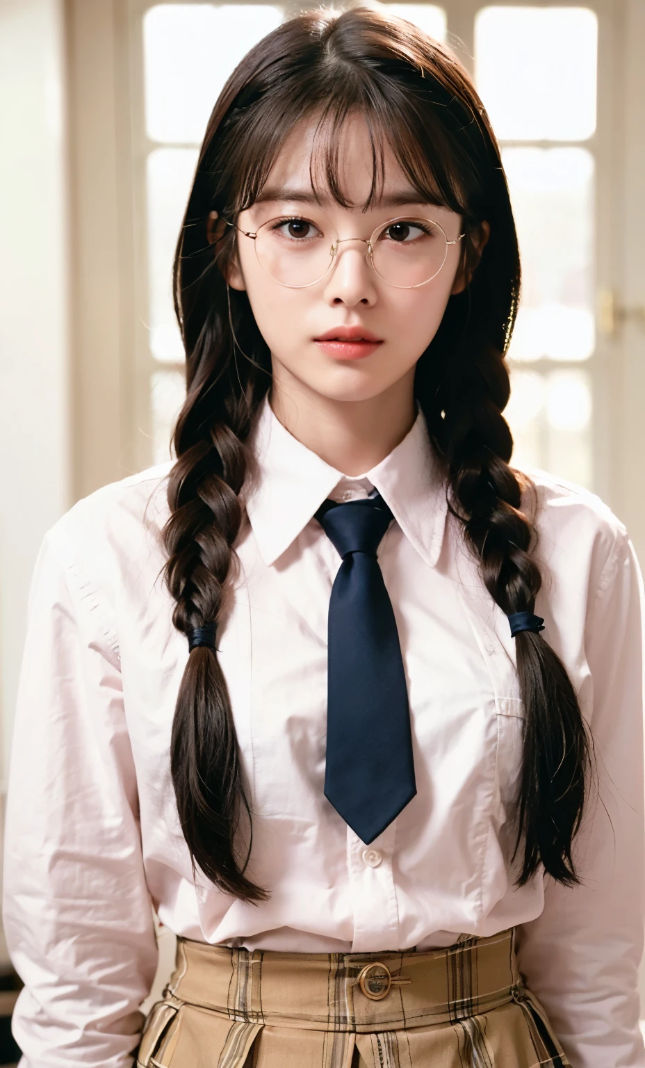 one pretty girl, solo, twin braids, blunt bangs, prefect face, blush, lips, big , thin waist, school uniform, Opened the buttons of the shirt, white bra, round eyewear, glasses, bow, collared shirt, looking at viewer, soft lighting, film grain, 35mm film,