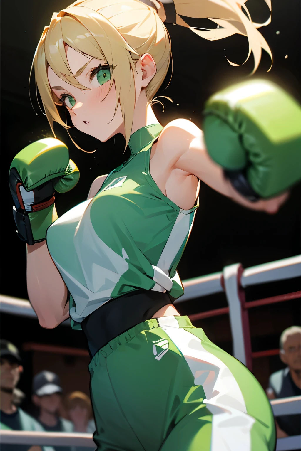 Girl, blonde hair, ponytail, green eyes, boxing gloves, sportswear, medium-sized breasts