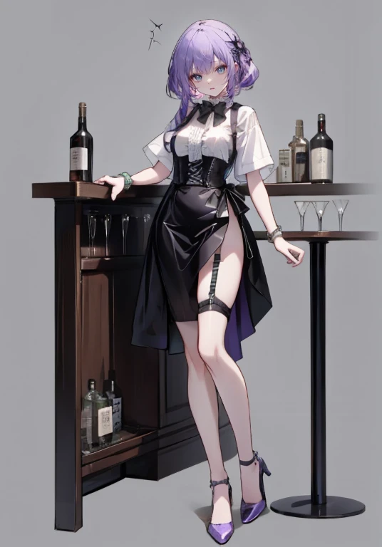 Purple Hair,Shortcuts,Adult female,(((bartender))),((Body Harness)),((Rolling up your sleevesYshirt)),(corset),skirt,((garter belt)),High heels,((Simple Background)),smile,((Full Body)),((full body)),((whole body)),Character Sheet,