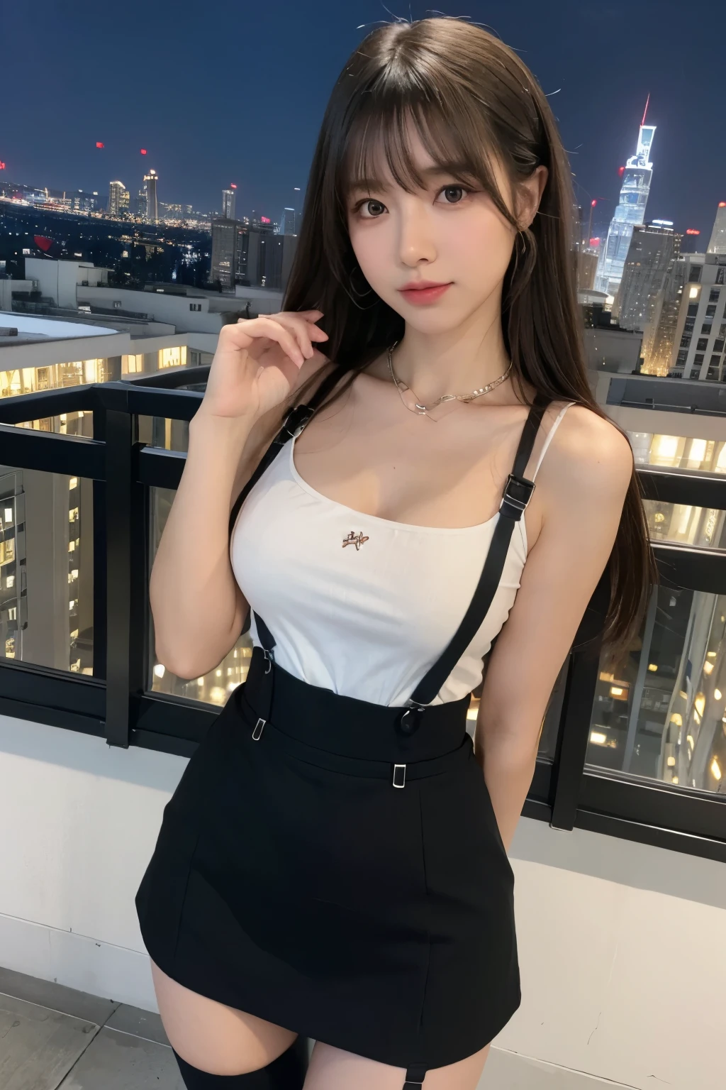 ((Midnight, highest quality, 8k, masterpiece :1.3)), whole body, Long legs, Sharp focus :1.2, Beautiful woman with perfect figure :1.4, Slim Abs :1.1, ((Dark brown hair, Big Breasts :1.2)), (White tight T-shirt, Jean Bib, Are standing:1.2), ((Night city view, rooftop:1.3)), Very detailedな顔と肌の質感, Fine grain, Double eyelids one girl,highest quality,masterpiece,figure,Very delicate and beautiful,CG,Unity,8k wallpaper,wonderful,In detail,masterpiece,Official Art,Very detailed CG Unity 8k wallpaper,Incredibly absurd,Large file size,Very detailedな,High resolution,Very detailed,Beautiful detailed girl,Realistic,from the front,Outdoor, suspenders Large swollen breasts Black mini skirt garter belt Knee-high socks bangs Beauty Hands up Black boots one person Dress shirt Hands Behind Back put your hands behind your back With your hands behind your back Armament holster A room at the Belt Hotel Bed Wall side