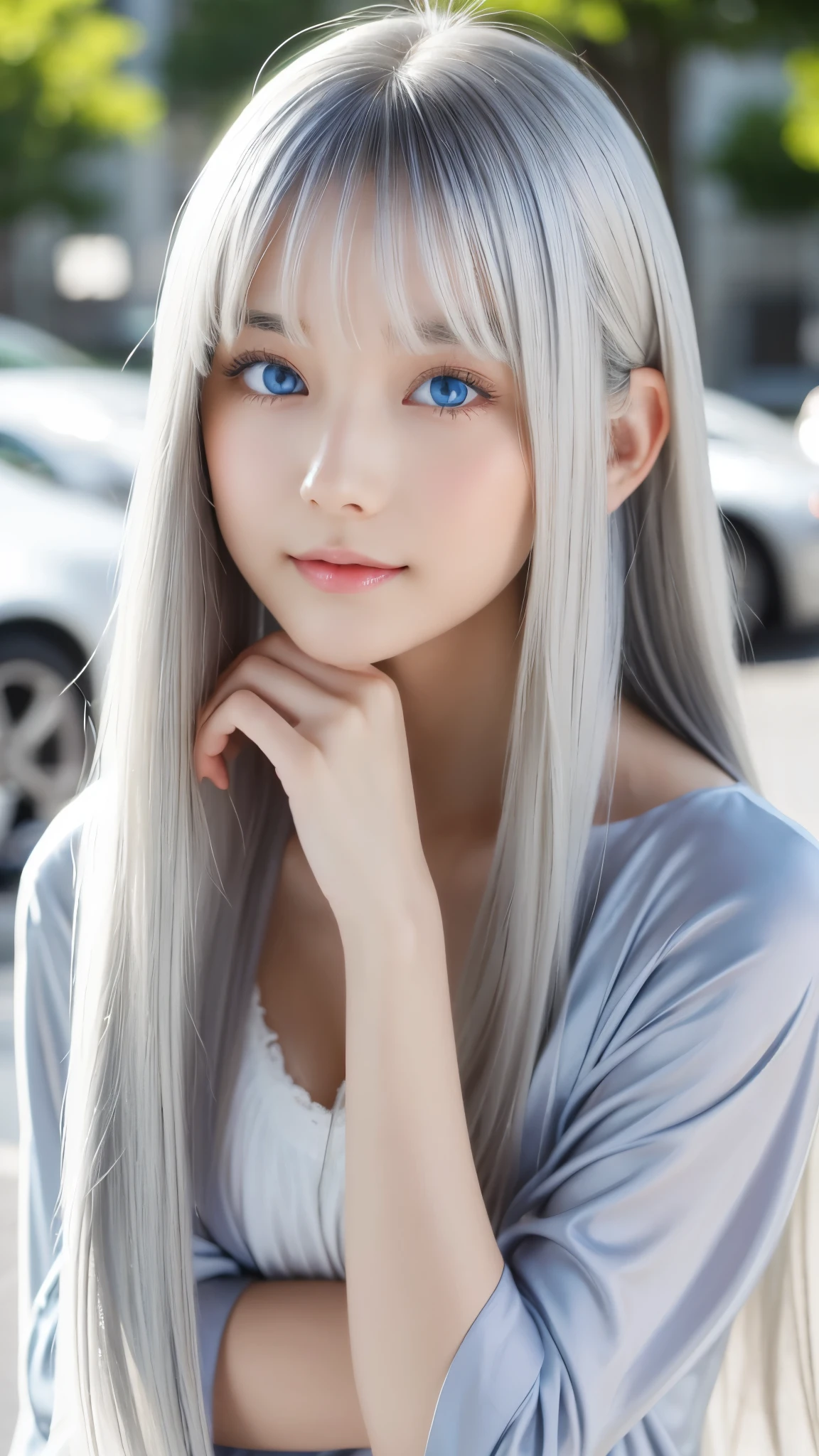 Shining, clear, white skin、Her windblown silver hair hides her beautiful face.、huge、Sexy beautiful face of 28 years old、Beautiful straight hair that stands out、growing up, Sparkling light blue eyes、Sexy long silky bangs covering the eyes, Sexy young woman with super long hair hiding her sexy face、Shining silver hair、(((Sexy Woman)))