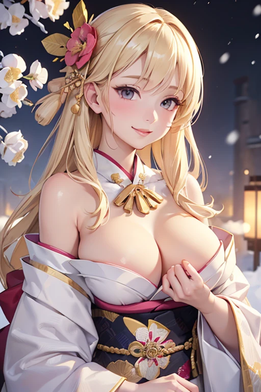 Very detailed CG Unity 8K wallpaper, Cute One lady, Mature blonde lady ,beautiful lady, pale skin (Super masterpiece, Beautiful person, well detailed face polluted smile, large chest、Photorealistic, hyper realisitic), Colorful winter kimono in gold and white colors ,white fur、 Japanese Style Hair Accessories、smile,Upper body 、Japanese background with pink flowers and snow