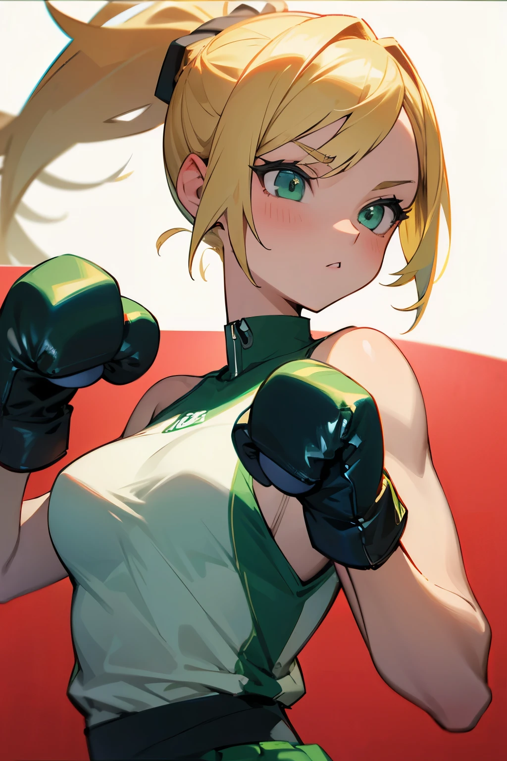 Girl, blonde hair, ponytail, green eyes, boxing gloves, sportswear, medium-sized breasts 