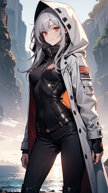 (Confused, High resolution, Very detailed), 1 female, Silver Hair,Long Hair,Reddish brown eyes,boots,Wearing a hood,Grey long coat,Skinny jeans,Black and white pilot suit,,Small breasts,26 years old,Beautiful woman,Adult female,,thin,quiet,Calm,shy little smile,Coast at dawn
