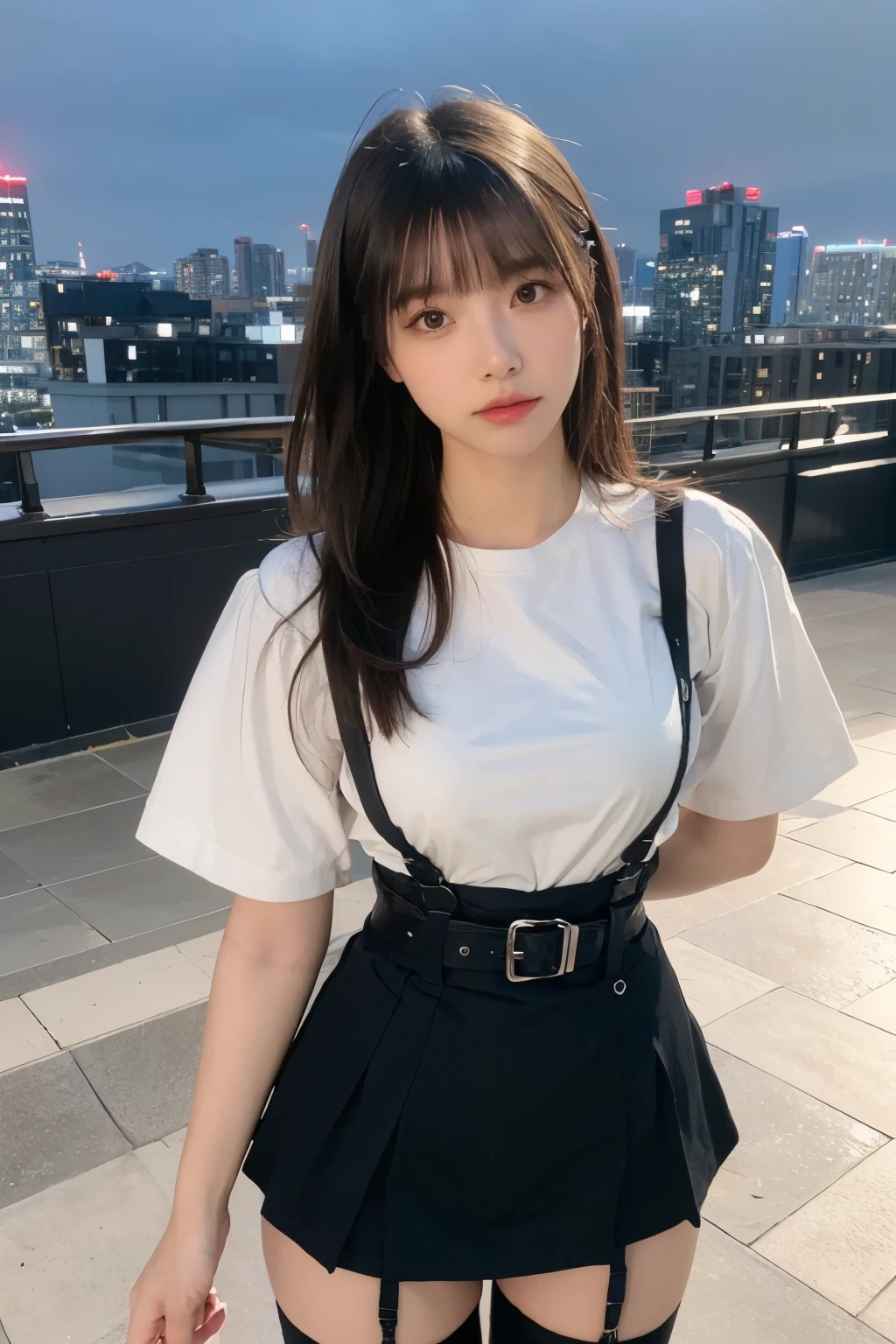 ((Midnight, highest quality, 8k, masterpiece :1.3)), whole body, Long legs, Sharp focus :1.2, Beautiful woman with perfect figure :1.4, Slim Abs :1.1, ((Dark brown hair, Big Breasts :1.2)), (White tight T-shirt, Jean Bib, Are standing:1.2), ((Night city view, rooftop:1.3)), Very detailedな顔と肌の質感, Fine grain, Double eyelids one girl,highest quality,masterpiece,figure,Very delicate and beautiful,CG,Unity,8k wallpaper,wonderful,In detail,masterpiece,Official Art,Very detailed CG Unity 8k wallpaper,Incredibly absurd,Large file size,Very detailedな,High resolution,Very detailed,Beautiful detailed girl,Realistic,from the front,Outdoor,　suspenders　　　Large swollen breasts　　 　 　　　　Black mini skirt　garter belt　Knee-high socks　　　　　　　bangs 　　　　　Beauty　　Hands up　　 　　Black boots 　　　　one person 　　　Dress shirt　　　Hands Behind Back　put your hands behind your back　　With your hands behind your back　Armament　holster　　A room at the Belt Hotel　Bed　Wall side
