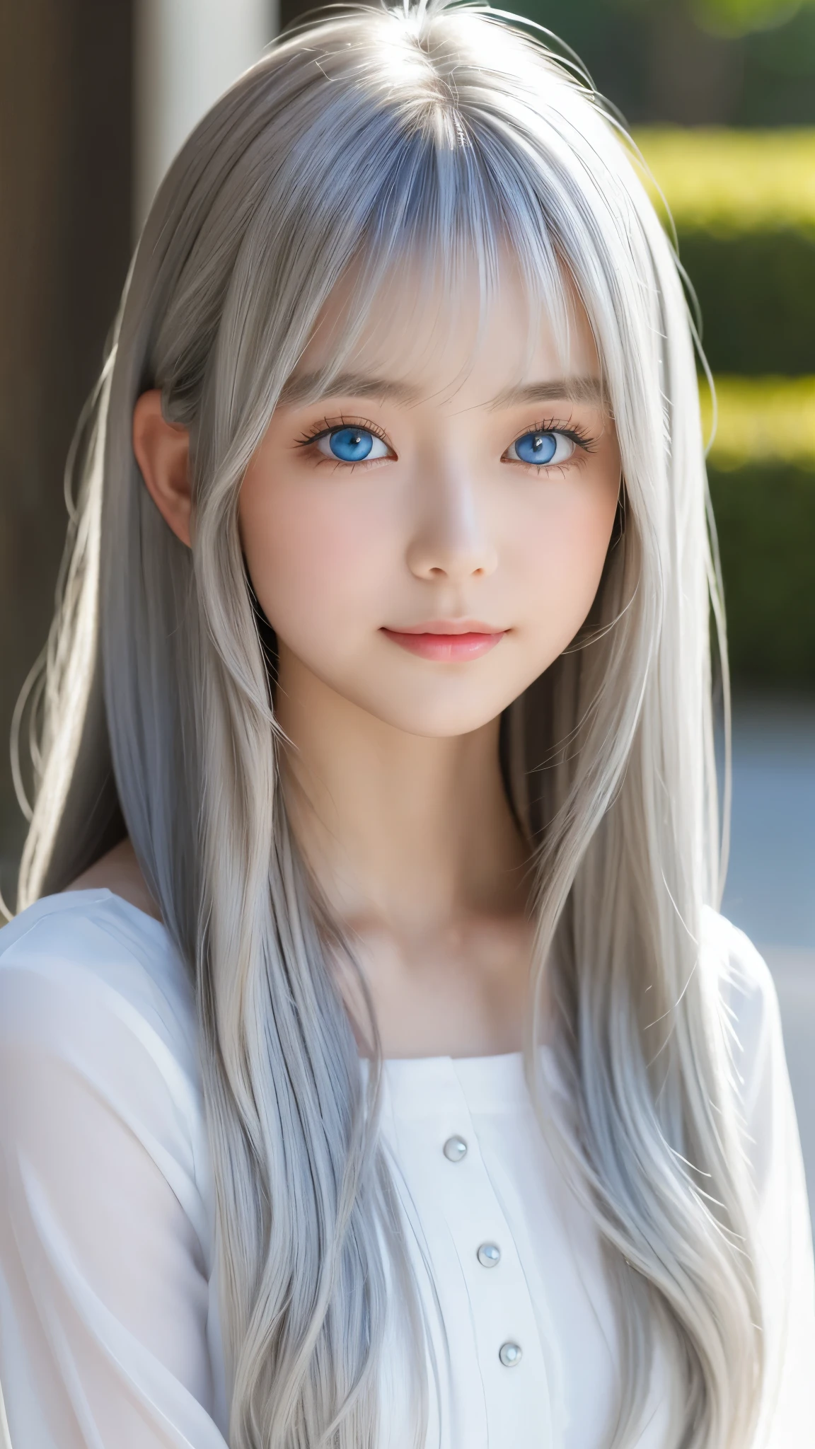 Shining, clear, white skin、Her windblown silver hair hides her beautiful face.、huge、Sexy beautiful face of 28 years old、Beautiful straight hair that stands out、growing up, Sparkling light blue eyes、Sexy long silky bangs covering the eyes, Sexy young woman with super long hair hiding her sexy face、Shining silver hair、(((Sexy Woman)))