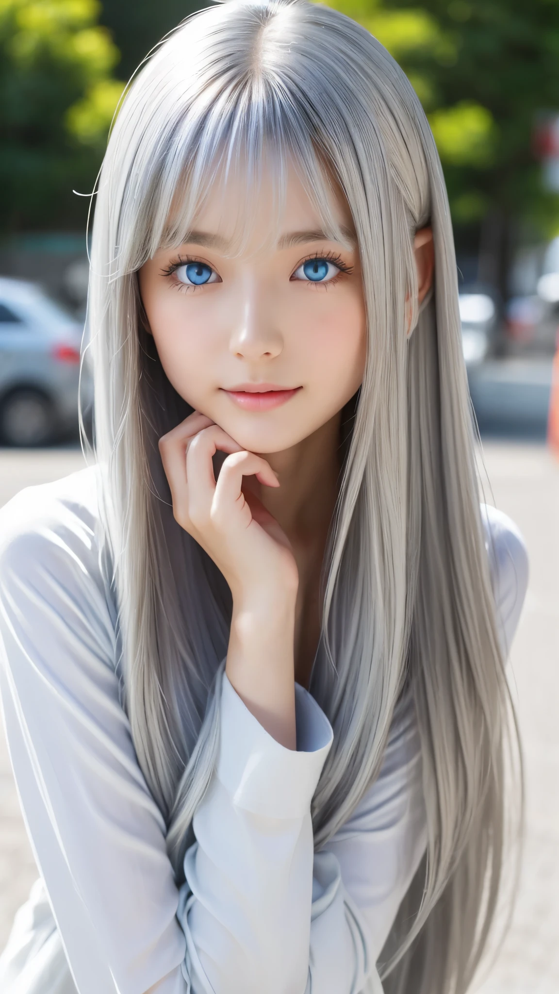 Shining, clear, white skin、Her windblown silver hair hides her beautiful face.、huge、Sexy beautiful face of 28 years old、Beautiful straight hair that stands out、growing up, Sparkling light blue eyes、Sexy long silky bangs covering the eyes, Sexy young woman with super long hair hiding her sexy face、Shining silver hair、(((Sexy Woman)))