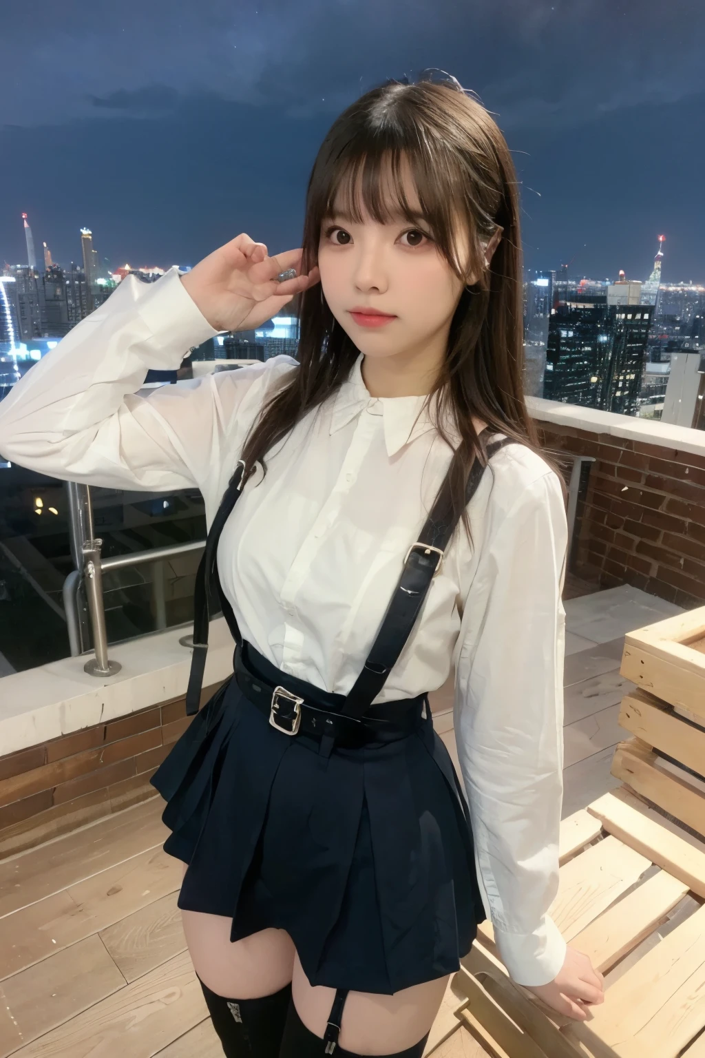 ((Midnight, highest quality, 8k, masterpiece :1.3)), whole body, Long legs, Sharp focus :1.2, Beautiful woman with perfect figure :1.4, Slim Abs :1.1, ((Dark brown hair, Big Breasts :1.2)), (White tight T-shirt, Jean Bib, Are standing:1.2), ((Night city view, rooftop:1.3)), Very detailedな顔と肌の質感, Fine grain, Double eyelids one girl,highest quality,masterpiece,figure,Very delicate and beautiful,CG,Unity,8k wallpaper,wonderful,In detail,masterpiece,Official Art,Very detailed CG Unity 8k wallpaper,Incredibly absurd,Large file size,Very detailedな,High resolution,Very detailed,Beautiful detailed girl,Realistic,from the front,Outdoor,　suspenders　　　Large swollen breasts　　 　 　　　　Black mini skirt　garter belt　Knee-high socks　　　　　　　bangs 　　　　　Beauty　　Hands up　　 　　Black boots 　　　　one person 　　　Dress shirt　　　Hands Behind Back　put your hands behind your back　　With your hands behind your back　Armament　holster　　A room at the Belt Hotel　Bed　Wall side