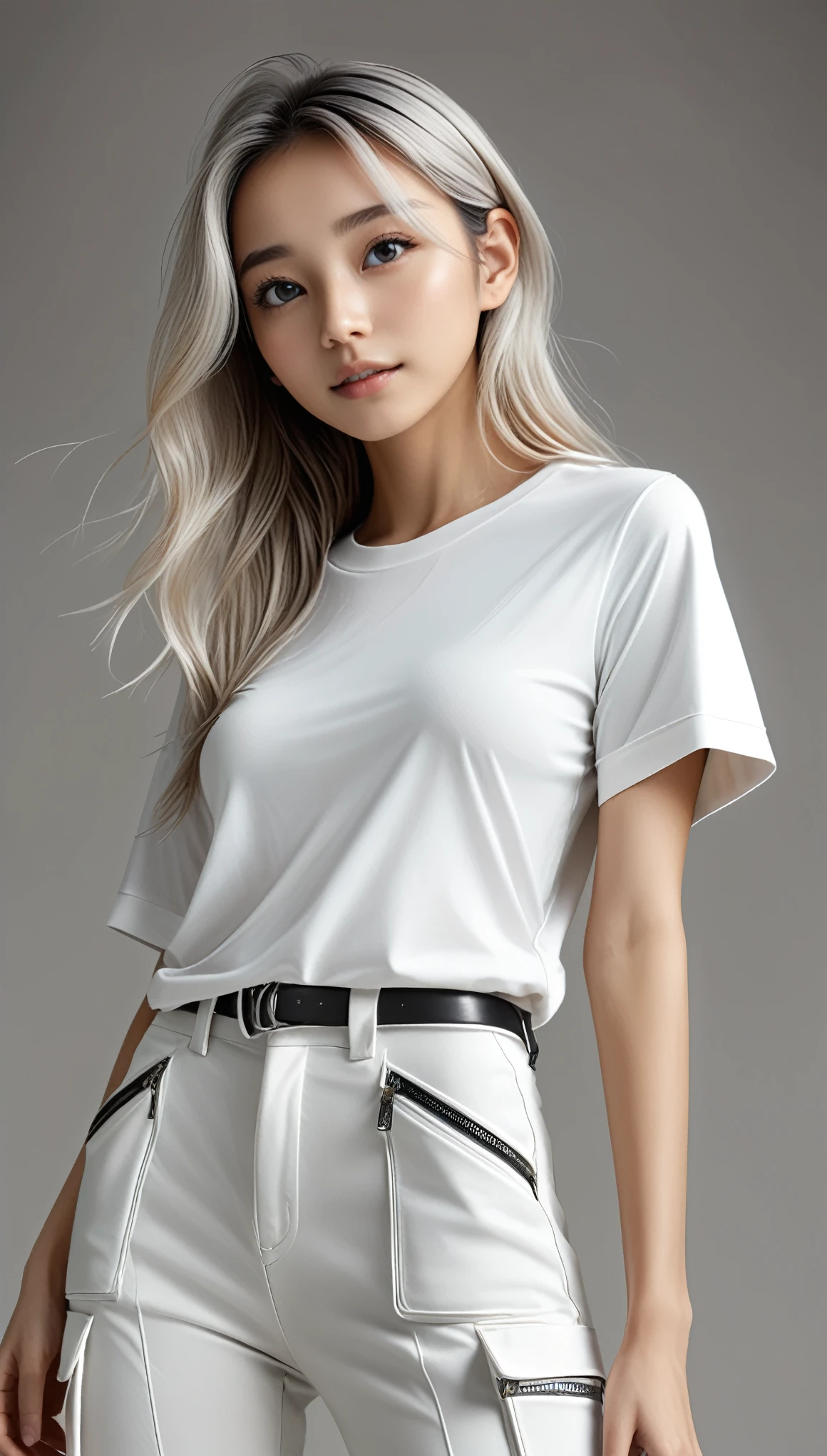 masterpiece, Best Quality, Realistic, mode fashion portrait, (1 girl, beautiful woman:1.2), (wide angle:1.2), (all body shot, fashion model, dynamic pose:1.2),
BREAK
beautiful young, small head,
BREAK
(firm huge breasts, impossible clothes, firm large buttocks, exuding a sculptural beauty:1.3), (very slim waist:1.2), (beautiful Muscular legs, beautiful foot:1.4), (Detailed buttocks, Detailed legs, Detailed body line:1.6), cameltoe, White and beautiful Silky skin, thin and beautiful neck, small head, (wide angle:1.2), (all body shot, acrobatic pose, from below:1.2),
BREAK
white (snug-fitting sleeves T-shirt) crafted from innovative surface materials, featuring a minimalist design with strategic cutouts for a futuristic twist,
Pair with black 7/8 length cargo pants, adorned with oversized pockets and metallic hardware accents for an edgy vibe, BREAK small head, Detailed face, cute and Pretty slim face, Duck mouth, perfect beautiful Tooth, arranged gray hair, shiny eyes, Light-colored eyes, looking viewer, (wide angle:1.2), (all body shot, dynamic pose:1.2),
BREAK
(in a concrete, Realistic black Shadow, Realistic white lightning:1.2),