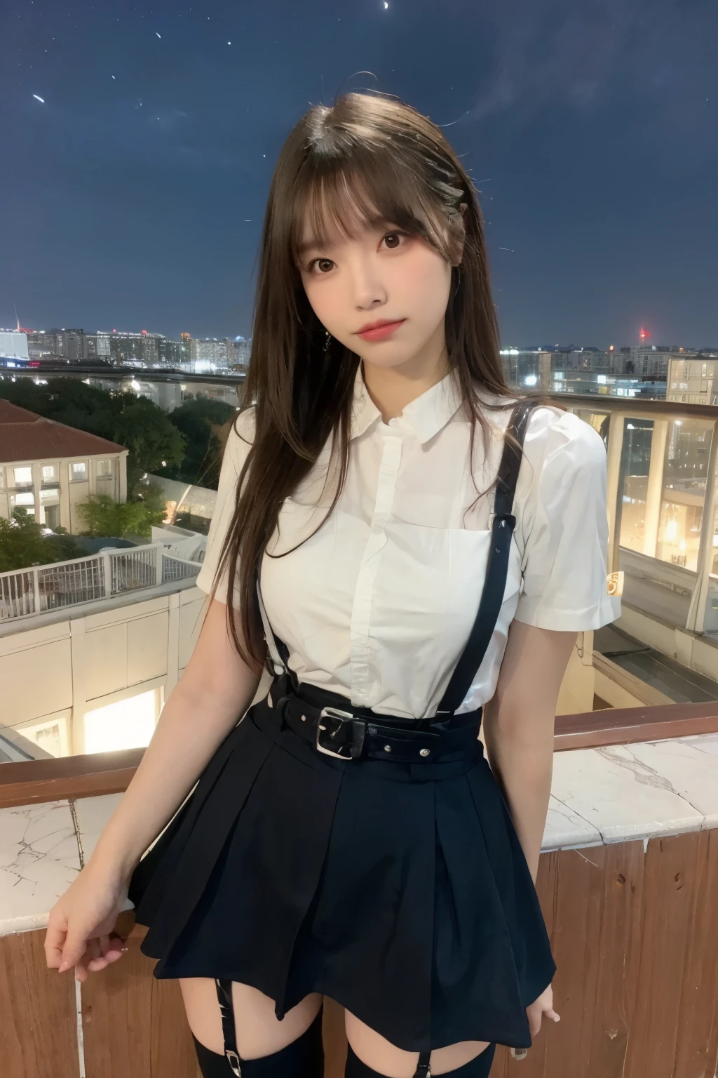 ((Midnight, highest quality, 8k, masterpiece :1.3)), whole body, Long legs, Sharp focus :1.2, Beautiful woman with perfect figure :1.4, Slim Abs :1.1, ((Dark brown hair, Big Breasts :1.2)), (White tight T-shirt, Jean Bib, Are standing:1.2), ((Night city view, rooftop:1.3)), Very detailedな顔と肌の質感, Fine grain, Double eyelids one girl,highest quality,masterpiece,figure,Very delicate and beautiful,CG,Unity,8k wallpaper,wonderful,In detail,masterpiece,Official Art,Very detailed CG Unity 8k wallpaper,Incredibly absurd,Large file size,Very detailedな,High resolution,Very detailed,Beautiful detailed girl,Realistic,from the front,Outdoor, suspenders Large swollen breasts Black mini skirt garter belt Knee-high socks bangs Beauty Hands up Black boots one person Dress shirt Hands Behind Back put your hands behind your back With your hands behind your back Armament holster A room at the Belt Hotel Bed Wall side