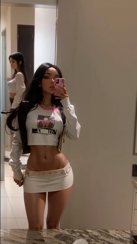 Beautiful girl, slim fit body, black hair, crop top , mini skirt , pink lips, bronze skin