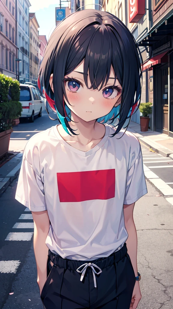 anime style,1boy,cute shota,two tone color fashion,
bob hair,Boy wearing short-sleeved shirts and pants,
looks like a cute girl,cute and cool,