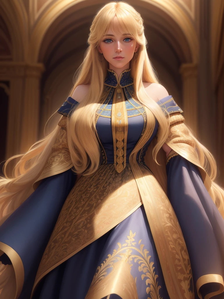 An incredibly beautiful golden-haired blonde with blue eyes and long golden hair. She has long bangs, a luxurious national Spanish dress, a national Spanish hairstyle and national Spanish jewelry. Masterpiece, perfect image, realistic shots, detailed study of faces, full-length image, 8k, detailed image. extremely detailed illustration, a real masterpiece of the highest quality, with careful drawing.