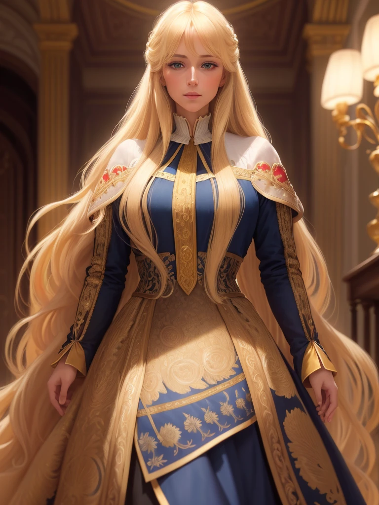 An incredibly beautiful golden-haired blonde with blue eyes and long golden hair. She has long bangs, a luxurious national Spanish dress, a national Spanish hairstyle and national Spanish jewelry. Masterpiece, perfect image, realistic shots, detailed study of faces, full-length image, 8k, detailed image. extremely detailed illustration, a real masterpiece of the highest quality, with careful drawing.