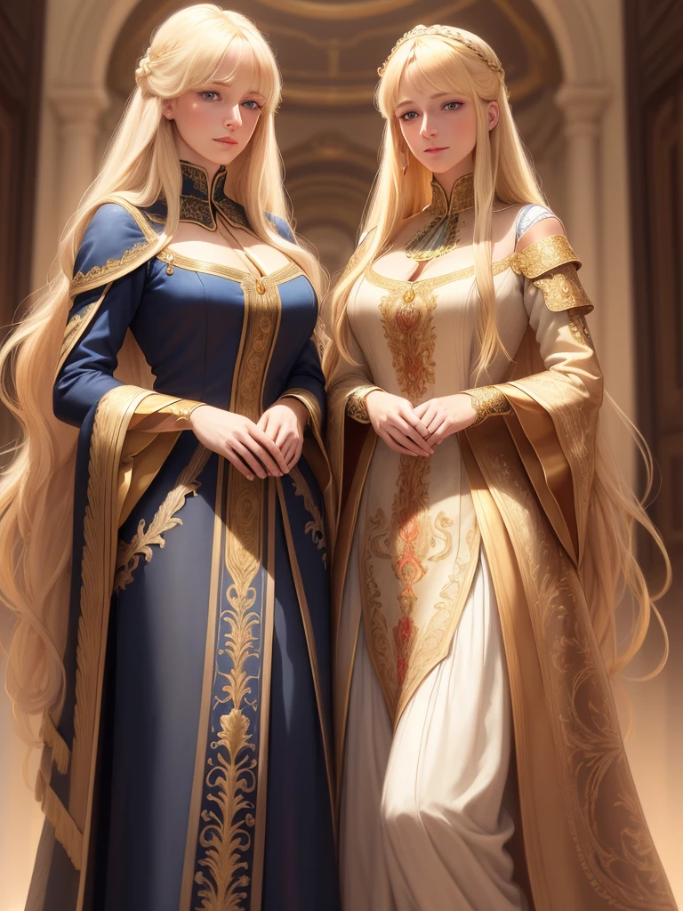 An incredibly beautiful golden-haired blonde with blue eyes and long golden hair. She has long bangs, a luxurious national Spanish dress, a national Spanish hairstyle and national Spanish jewelry. Masterpiece, perfect image, realistic shots, detailed study of faces, full-length image, 8k, detailed image. extremely detailed illustration, a real masterpiece of the highest quality, with careful drawing.