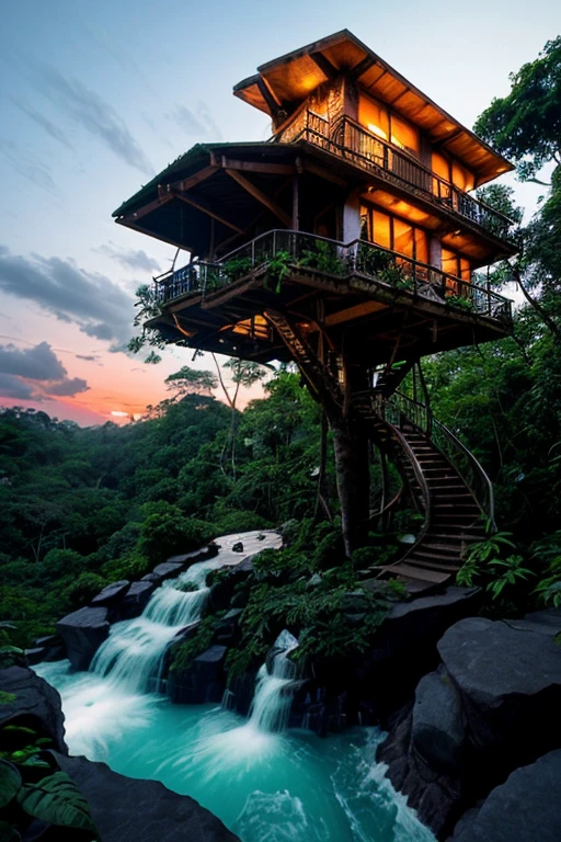 Perfection The Coolest tree house on a large rock in the middle of the jungle with sunset, waterfall, flowers in front of the house and trees on both sides of the house