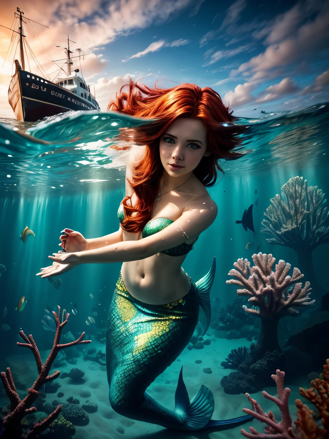 A brightly lit shipwreck scene. Sunlight filters through the water, illuminating the wreckage and surrounding coral reefs.
Marina, a spunky beautiful young mermaid with fiery red hair that flows freely in the water, has a curious expression on her face. Her tail shimmers with a rainbow of colors as she reaches for a shiny smartphone resting on the hull of the shipwreck.