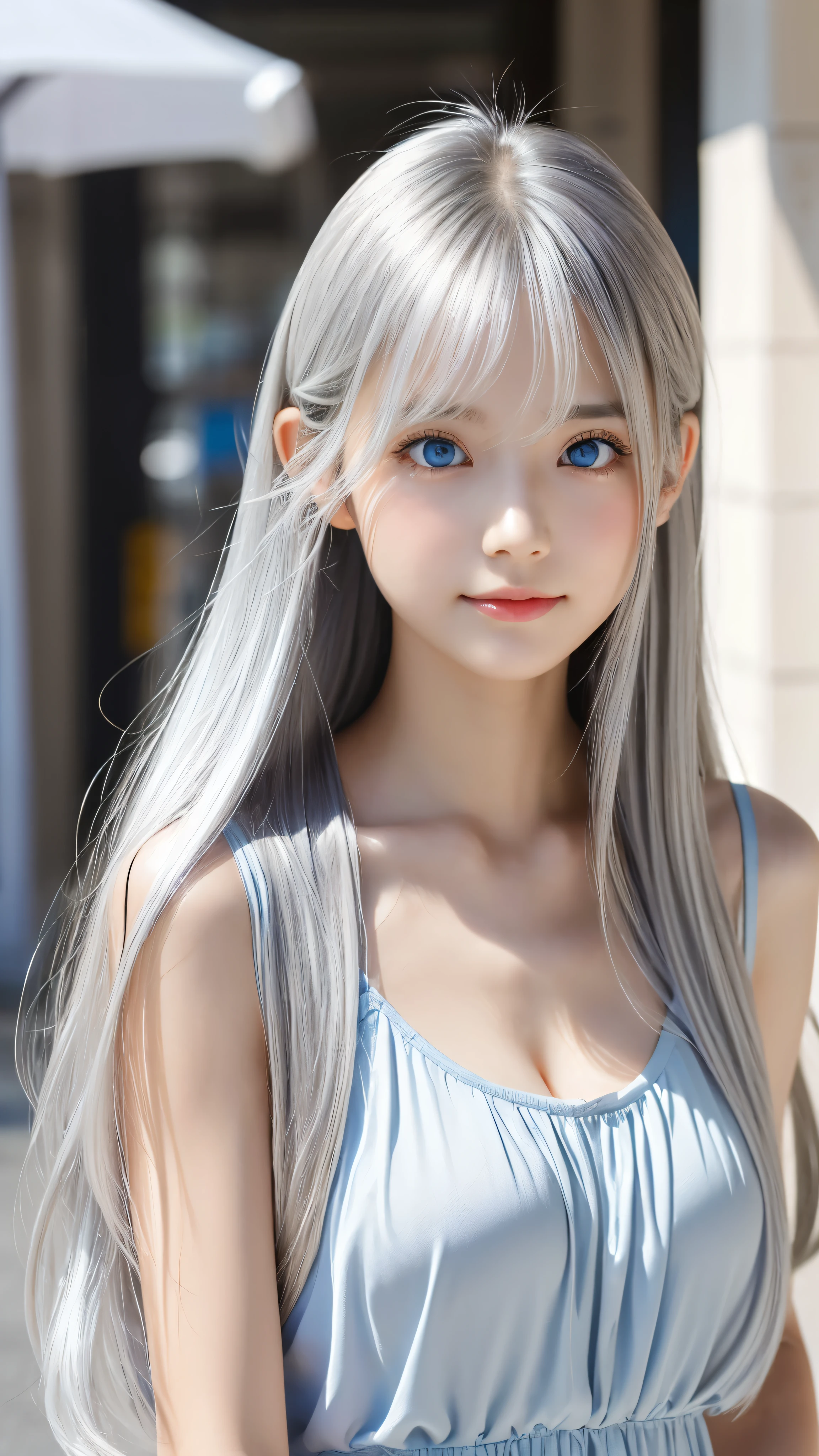 Shining, clear, white skin、Her windblown silver hair hides her beautiful face.、huge、Sexy beautiful face of 28 years old、Beautiful straight hair that stands out、growing up, Sparkling light blue eyes、Sexy long silky bangs covering the eyes, Sexy young woman with super long hair hiding her sexy face、Shining silver hair、(((Sexy Woman)))