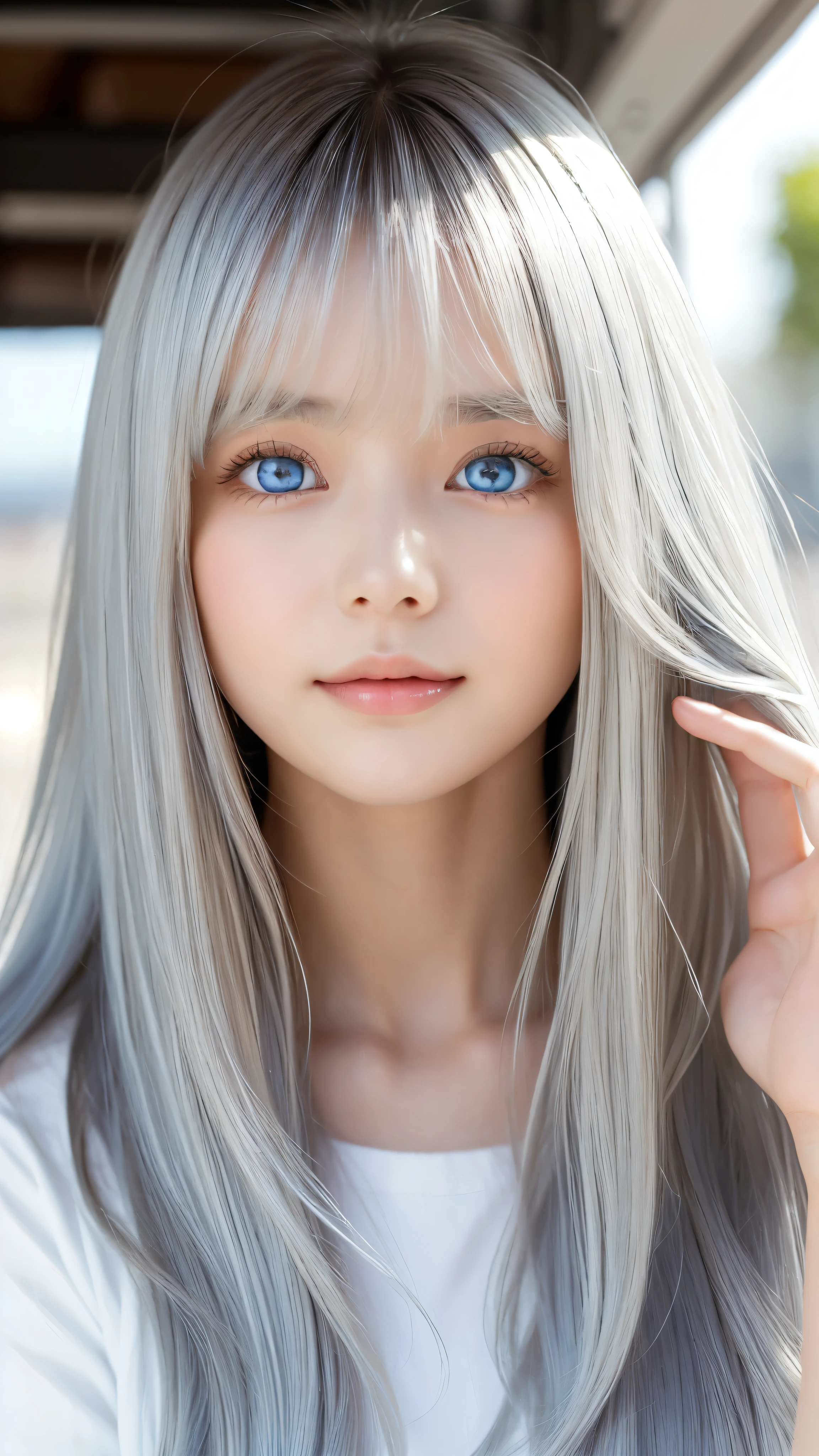 Shining, clear, white skin、Her windblown silver hair hides her beautiful face.、huge、Sexy beautiful face of 28 years old、Beautiful straight hair that stands out、growing up, Sparkling light blue eyes、Sexy long silky bangs covering the eyes, Sexy young woman with super long hair hiding her sexy face、Shining silver hair、(((Sexy Woman)))
