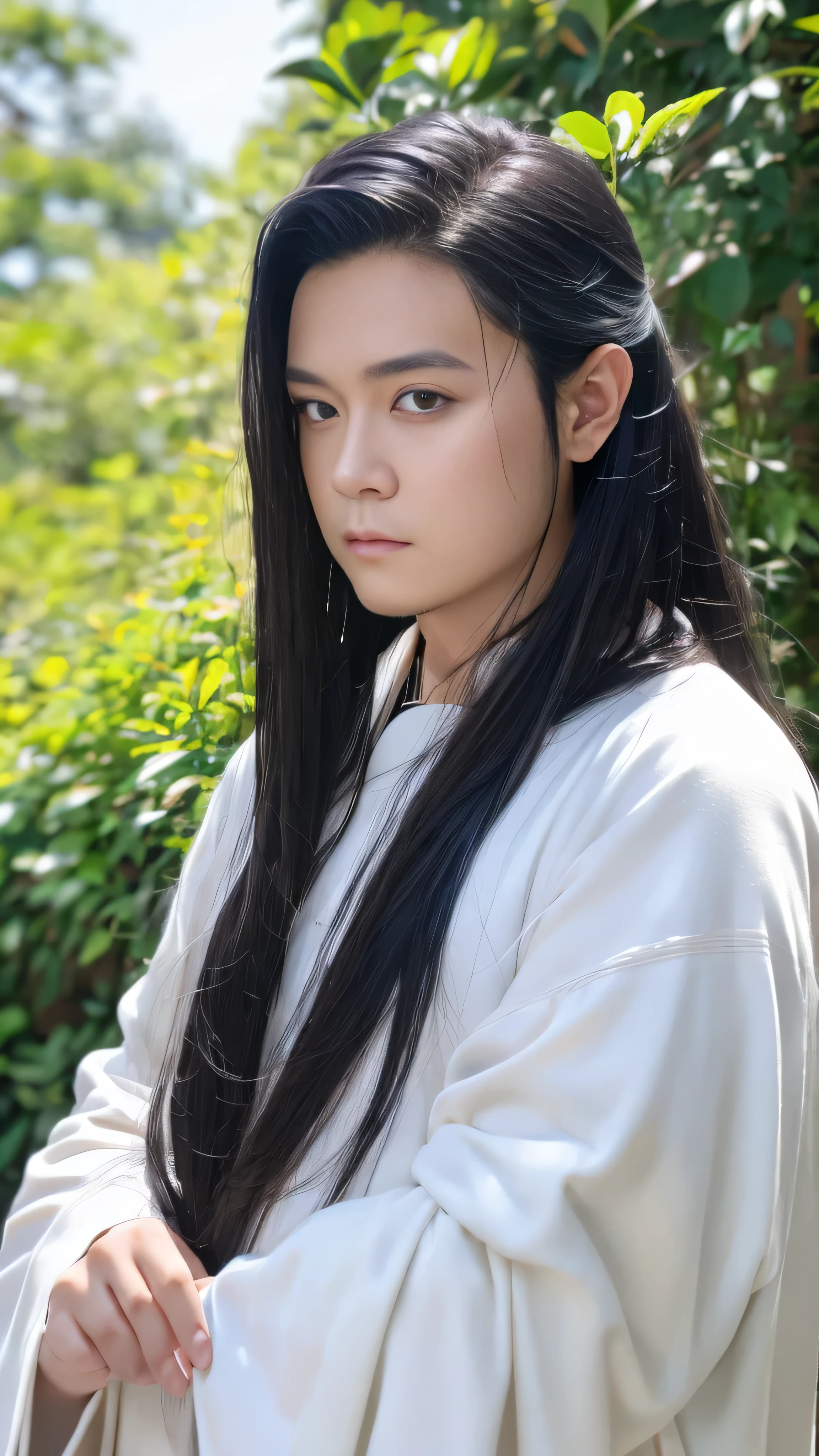 of a guy,long whitr hair,Black hair,Handsome,Deep eyes,full bodyesbian,Wear Hanfu,Black Hanfu,Black Buhan followed,Ancient wind,Contour light,The background is blurred out