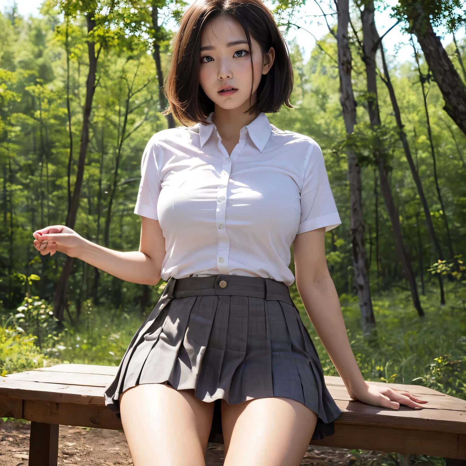 high-definition image, best quality, (round face), posing, eyes realistic sizing, drooping eyes, shirt, pleated skirt, (straddling a table corner to hit her crotch for self pleasure), big sky, mountains, in the forest, sunlight, very short hair, (many camping gears),