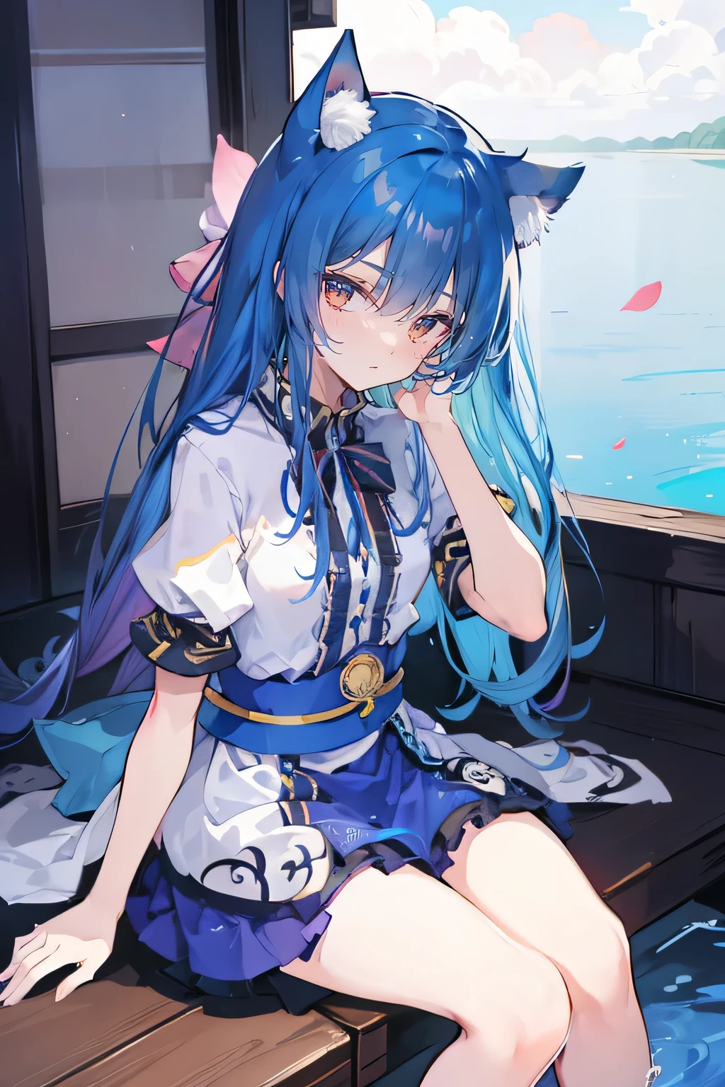 (masterpiece:1.2),ultra-detailed,realistic,expressive eyes,fair-skinned,perfectly shaped face,1girl,
Japanese cartoons,Gorgeous blue hair, flowing blue hair,floating clothes,cat ears,petals falling,beautiful Lola,Hina Angel,
hands on waist,gracefully sitting on the ground,legs crossed,gentle and serene background,cool and comfortable pavilion,shy face ,night .