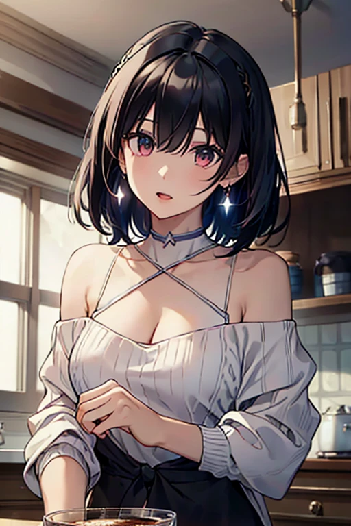 masterpiece, yor, 1girl, Amazing Cleavage:1.3, thin waist, big ass, Raised sexy, medium breast: 1.3 posed cleavage:1.2、solo, looking at viewer, open mouth, have a cup of coffee,black hair, red eyes, dress, bare shoulders, jewelry, collarbone, sidelocks, hairband, earrings, indoors, off shoulder, :o, sweater, arms behind back, plant, short hair with long locks, white hairband, off-shoulder dress, sweater dress, off-shoulder sweater, red sweater, big side hair, very long side hair,is rendered in (masterpiece: 1.2, best quality), with (ultra high resolution) and an exquisite (depth of field). This masterpiece is not only visually stunning but also tells, make of cake cooking ,in the kitchen