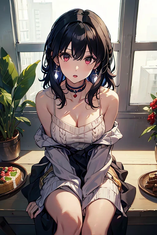 masterpiece, yor, 1girl, Amazing Cleavage:1.3, thin waist, big ass, Raised sexy, medium breast: 1.3 posed cleavage:1.2、solo, looking at viewer, open mouth, have a cup of coffee,black hair, red eyes, dress, bare shoulders, jewelry, collarbone, sidelocks, hairband, earrings, indoors, off shoulder, :o, sweater, arms behind back, plant, short hair with long locks, white hairband, off-shoulder dress, sweater dress, off-shoulder sweater, red sweater, big side hair, very long side hair,is rendered in (masterpiece: 1.2, best quality), with (ultra high resolution) and an exquisite (depth of field). This masterpiece is not only visually stunning but also tells, make of cake cooking ,in the kitchen