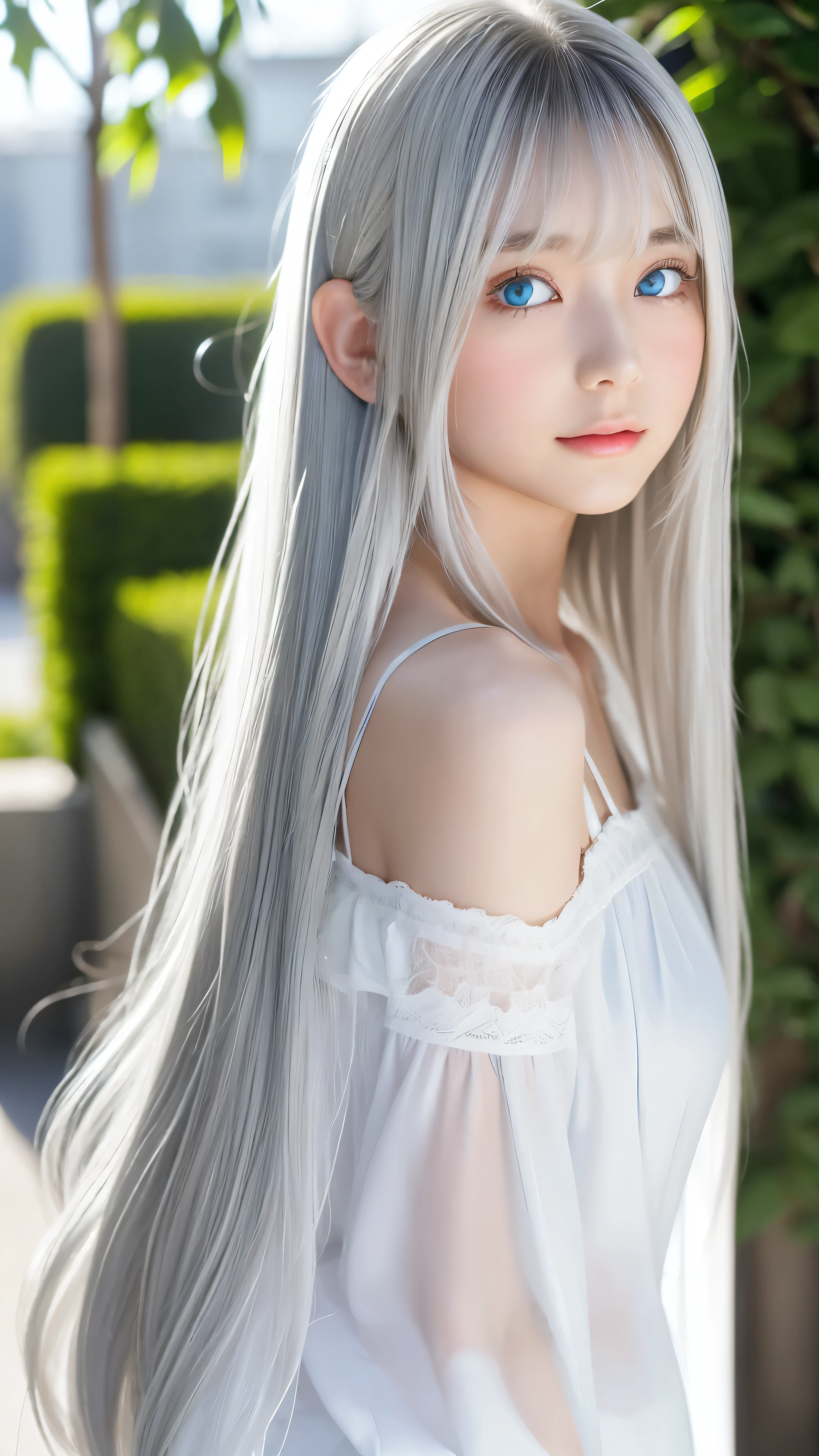 Shining, clear, white skin、Her windblown silver hair hides her beautiful face.、huge、Sexy beautiful face of 28 years old、Beautiful straight hair that stands out、growing up, Sparkling light blue eyes、Sexy long silky bangs covering the eyes, Sexy young woman with super long hair hiding her sexy face、Shining silver hair、(((Sexy Woman)))