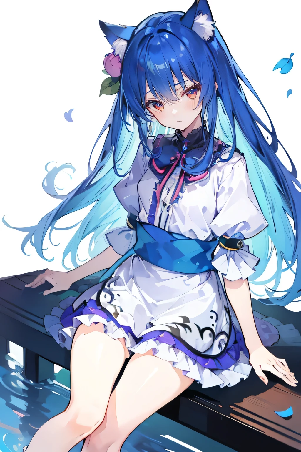 (masterpiece:1.2),ultra-detailed,realistic,expressive eyes,fair-skinned,perfectly shaped face,1girl,
Japanese cartoons,Gorgeous blue hair, flowing blue hair,floating clothes,cat ears,petals falling,beautiful Lola,Hina Angel,
hands on waist,gracefully sitting on the ground,legs crossed,gentle and serene background,cool and comfortable pavilion,shy face ,night .