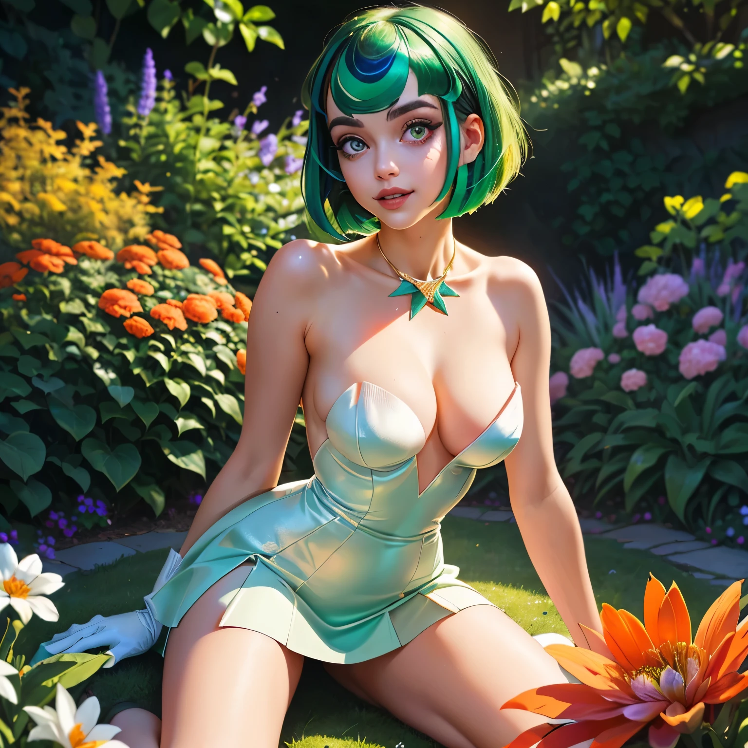 (Extreme Detail CG Unity 8K wallpaper, masterpiece, highest quality), (exquisite lighting and shadow, highly dramatic picture, cinematic lens effect), (Leeloo: 1.4), delicate facial features, charming smile, star eyes, ((dark green hair)), tight top, white gloves, mini skirt, dynamic pose, lying in the garden), (background in a garden full of flowers) (excellent detail, outstanding lighting, wide angle), (excellent rendering, enough to be proud of its kind)