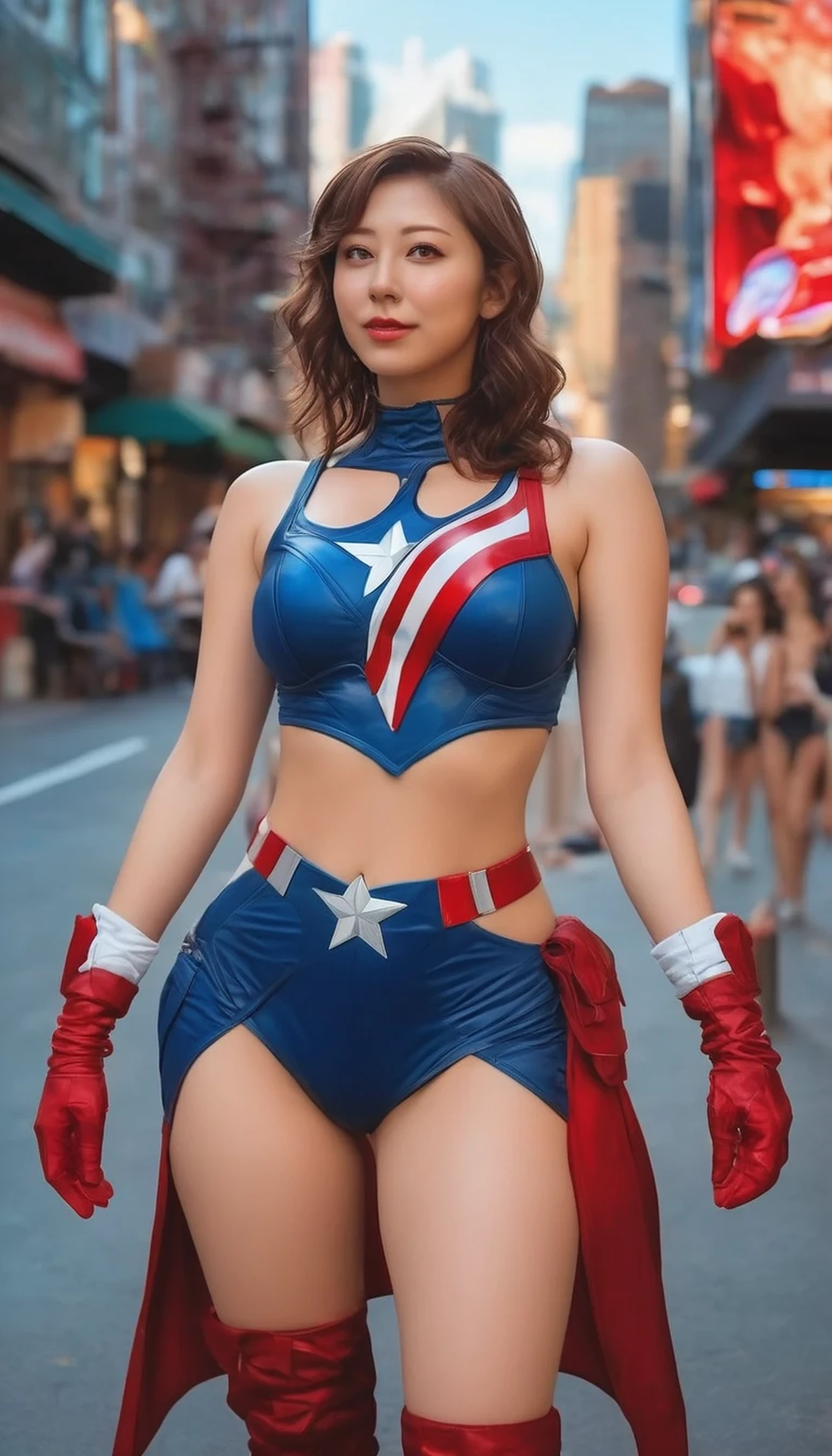 (Highest image quality, realistic depiction),(Body slippery with lotion,sweaty body),a choker,fullnude,,full naked,(artistic all naked art),Colossal tits,(A beautiful woman expressing Captain America with navy and red body paint,Colossal tits,leg up,),Beautiful neon-lit downtown area with lively nightlife