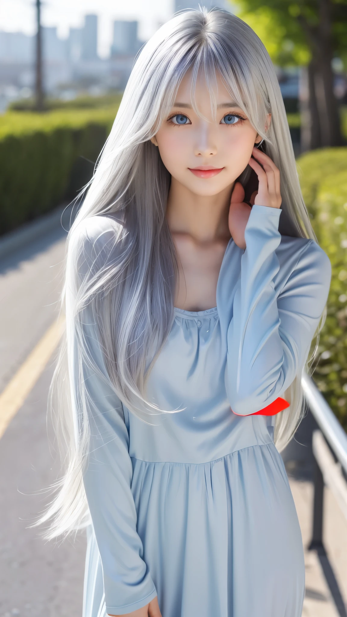 Shining, clear, white skin、Her windblown silver hair hides her beautiful face.、huge、Sexy beautiful face of 28 years old、Beautiful straight hair that stands out、growing up, Sparkling light blue eyes、Sexy long silky bangs covering the eyes, Sexy young woman with super long hair hiding her sexy face、Shining silver hair、(((Sexy Woman)))
