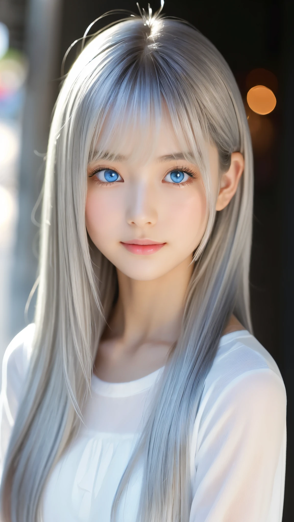 Shining, clear, white skin、Her windblown silver hair hides her beautiful face.、huge、Sexy beautiful face of 28 years old、Beautiful straight hair that stands out、growing up, Sparkling light blue eyes、Sexy long silky bangs covering the eyes, Sexy young woman with super long hair hiding her sexy face、Shining silver hair、(((Sexy Woman)))