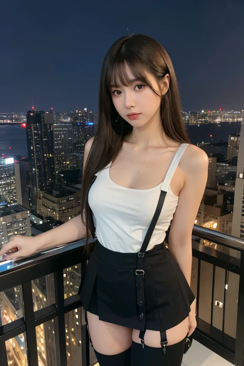 ((Midnight, highest quality, 8k, masterpiece :1.3)), whole body, Long legs, Sharp focus :1.2, Beautiful woman with perfect figure :1.4, Slim Abs :1.1, ((Dark brown hair, Big Breasts :1.2)), (White tight T-shirt, Jean Bib, Are standing:1.2), ((Night city view, rooftop:1.3)), Very detailedな顔と肌の質感, Fine grain, Double eyelids one girl,highest quality,masterpiece,figure,Very delicate and beautiful,CG,Unity,8k wallpaper,wonderful,In detail,masterpiece,Official Art,Very detailed CG Unity 8k wallpaper,Incredibly absurd,Large file size,Very detailedな,High resolution,Very detailed,Beautiful detailed girl,Realistic,from the front,Outdoor,　suspenders　　　Large swollen breasts　　 　 　　　　Black mini skirt　garter belt　Knee-high socks　　　　　　　bangs 　　　　　Beauty　　Hands up　　 　　Black boots 　　　　one person 　　　Dress shirt　　　Hands Behind Back　put your hands behind your back　　Hands behind back　Armament　holster　　A room at the Belt Hotel　Bed　Wall side