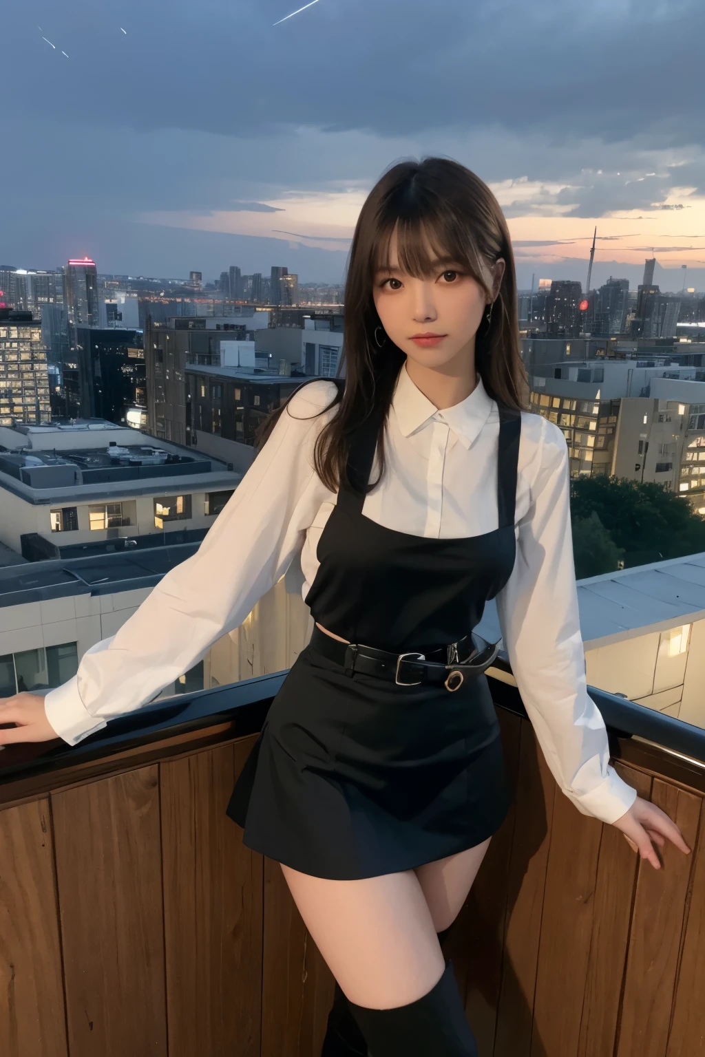 ((Midnight, highest quality, 8k, masterpiece :1.3)), whole body, Long legs, Sharp focus :1.2, Beautiful woman with perfect figure :1.4, Slim Abs :1.1, ((Dark brown hair, Big Breasts :1.2)), (White tight T-shirt, Jean Bib, Are standing:1.2), ((Night city view, rooftop:1.3)), Very detailedな顔と肌の質感, Fine grain, Double eyelids one girl,highest quality,masterpiece,figure,Very delicate and beautiful,CG,Unity,8k wallpaper,wonderful,In detail,masterpiece,Official Art,Very detailed CG Unity 8k wallpaper,Incredibly absurd,Large file size,Very detailedな,High resolution,Very detailed,Beautiful detailed girl,Realistic,from the front,Outdoor, suspenders Large swollen breasts Black mini skirt garter belt Knee-high socks bangs Beauty Hands up Black boots one person Dress shirt Hands Behind Back put your hands behind your back Hands behind back Armament holster A room at the Belt Hotel Bed Wall side