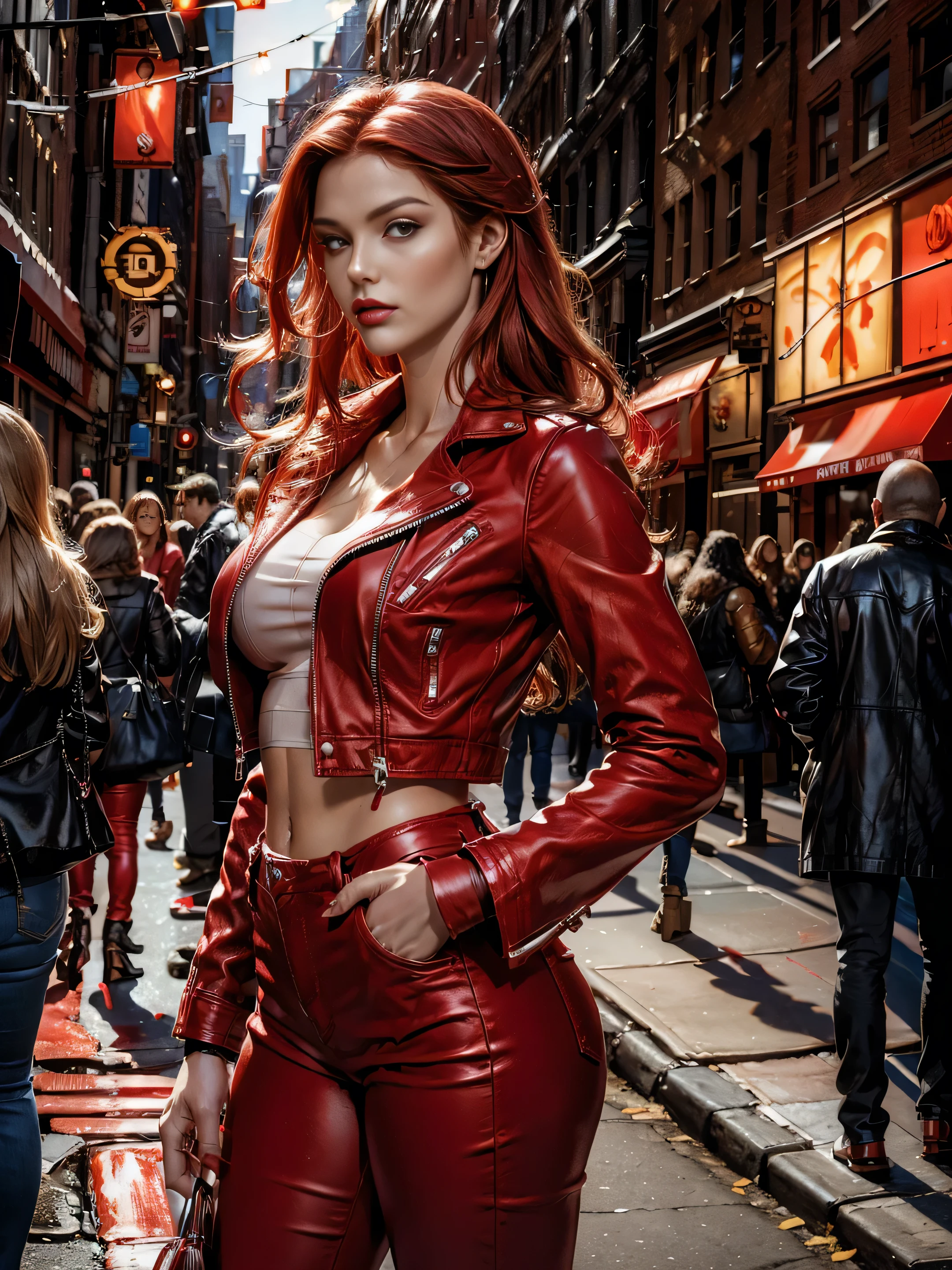 in photorealistic style, a red woman with long hair in red leather pants and a red leather jacket stands in the New York street midnight