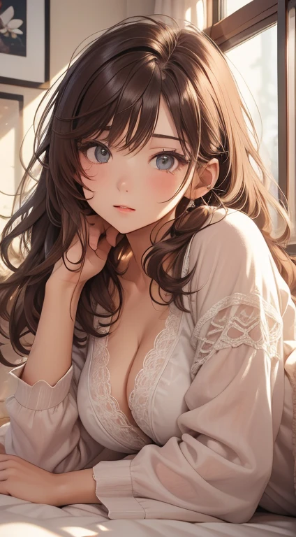 masterpiece,8K,highest quality,Super Resolution、Oversized nightwear、You can see the cleavage、Childish cuteness, Heartwarming, comfortable,Embarrassing, (masterpiece),Small breasts(:1.6),Intimate, morning, comfortable, Calm, Calm, quiet, Beautiful girl with perfect facial features,Lying in bed、Lying face down and resting chin on hand、The hairstyle and hair color change randomly.、The areola is visible、