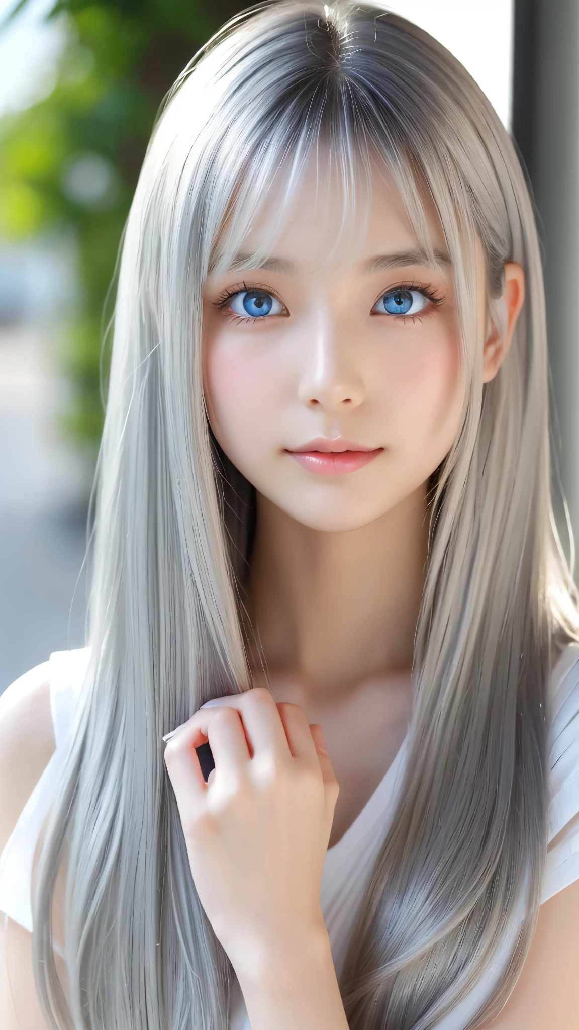 Shining, clear, white skin、Her windblown silver hair hides her beautiful face.、huge、Sexy beautiful face of 28 years old、Beautiful straight hair that stands out、growing up, Sparkling light blue eyes、Sexy long silky bangs covering the eyes, Sexy young woman with super long hair hiding her sexy face、Shining silver hair、(((Sexy Woman)))
