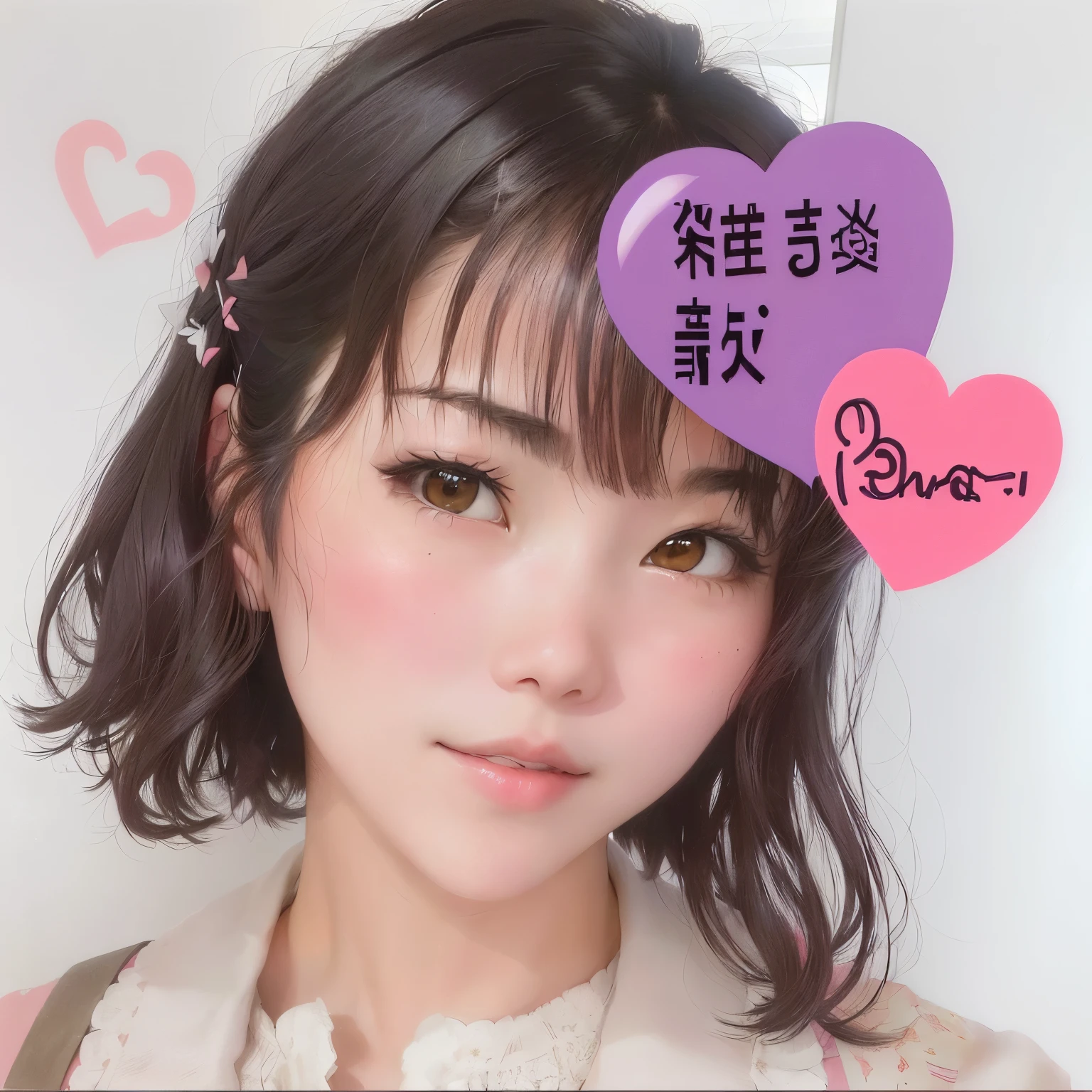 There is a woman wearing a heart-shaped hair clip on her head., Chiho, Short hair, 🚿🗝📝, shikamimi, Small heart shaped face, Yoshitomo Nara, full heart - shaped face, With a cute - lovely - face, A clear and pretty face, Girl cute beautiful face