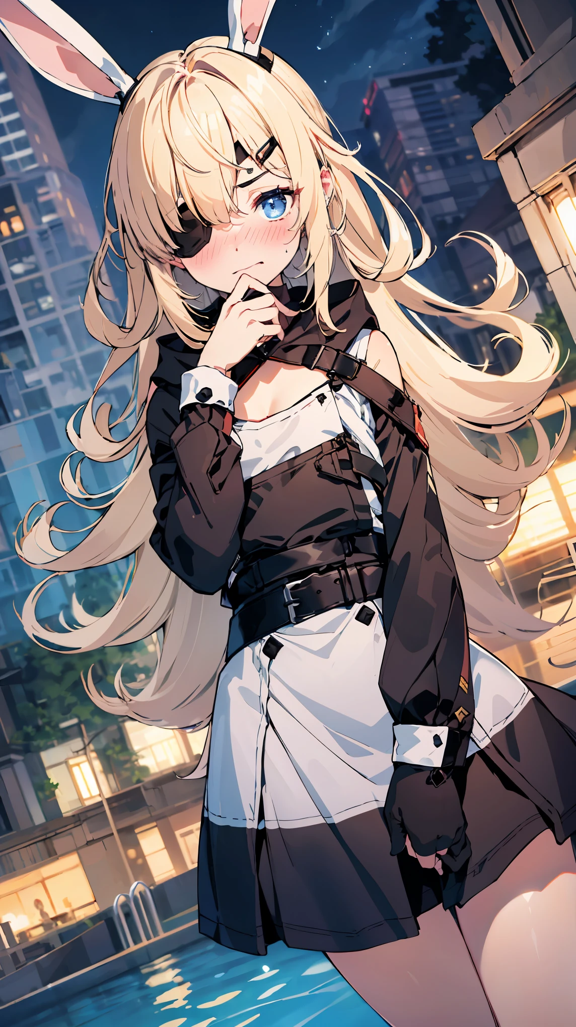 GuillotineNikke,TagLora,blonde hair,long hair,eyepatch,right eye,skinny,flat chest,(kigurumi,Rabbit),(blush,embarrassed),pool at night,masterpiece,Noise Reduction,perfect anatomy,high resolution, ultra-detailed,game cg,dutch angle ,beautiful detailed eyes,visualart,five fingers, perfect hands, perfect lighting,