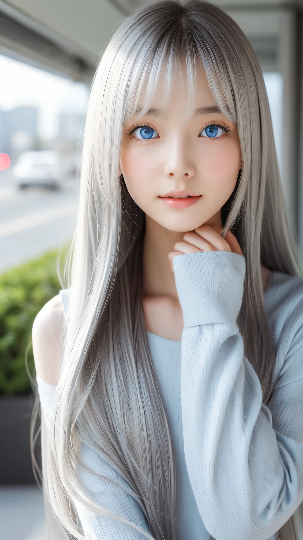 Shining, clear, white skin、Her windblown silver hair hides her beautiful face.、huge、Sexy beautiful face of 28 years old、Beautiful straight hair that stands out、growing up, Sparkling light blue eyes、Sexy long silky bangs covering the eyes, Sexy young woman with super long hair hiding her sexy face、Shining silver hair、(((Sexy Woman)))
