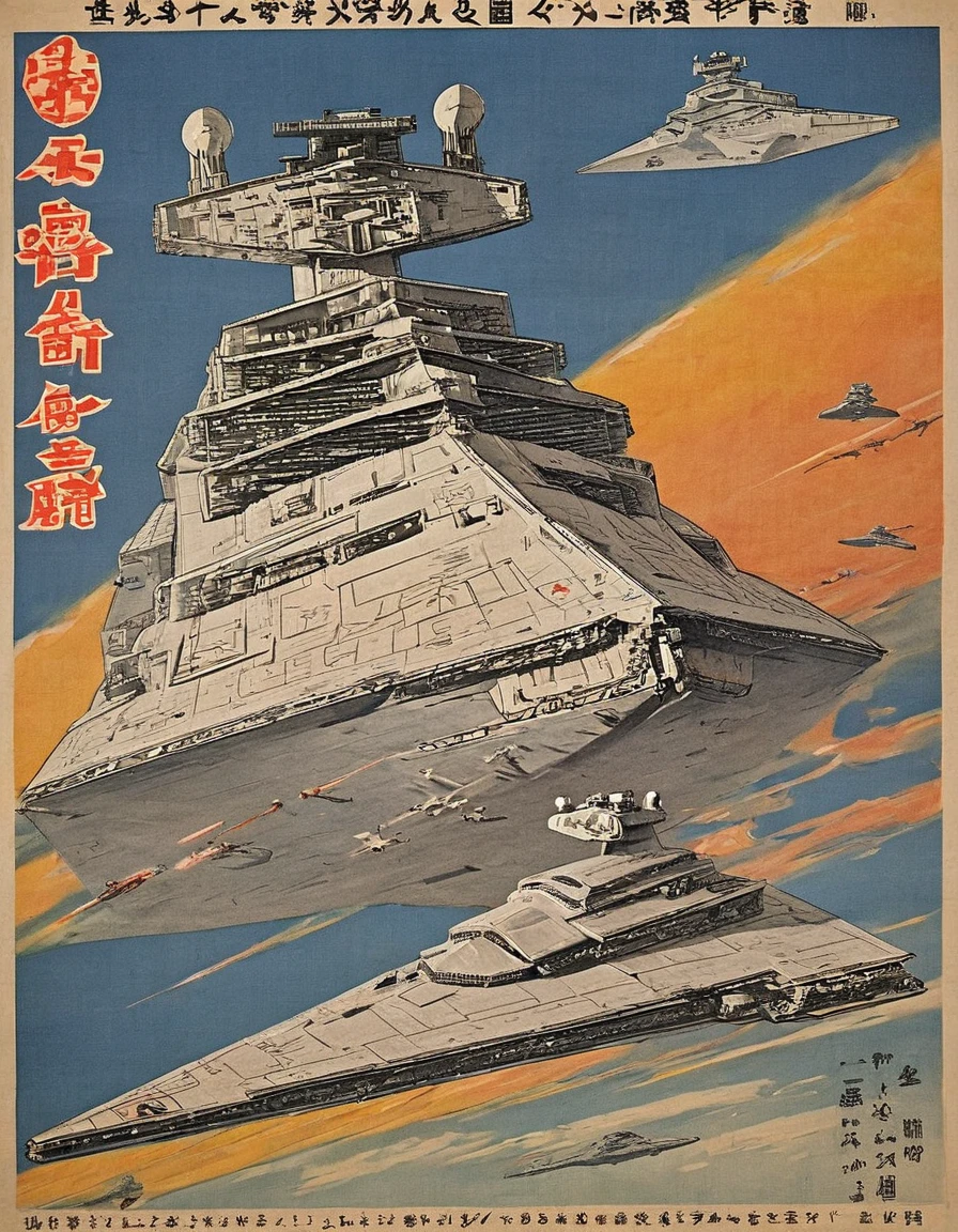 a 1930s Japanese ukiyo e prints poster featuring an fullbody darth vader over a   star destroyer
sdestroyer with japanese text